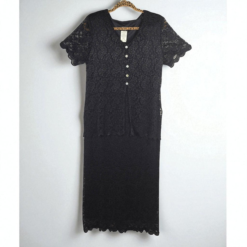 Vintage Helene Blake Evening Black Lace Dress Women's Size 14 Short Sleeve Lined